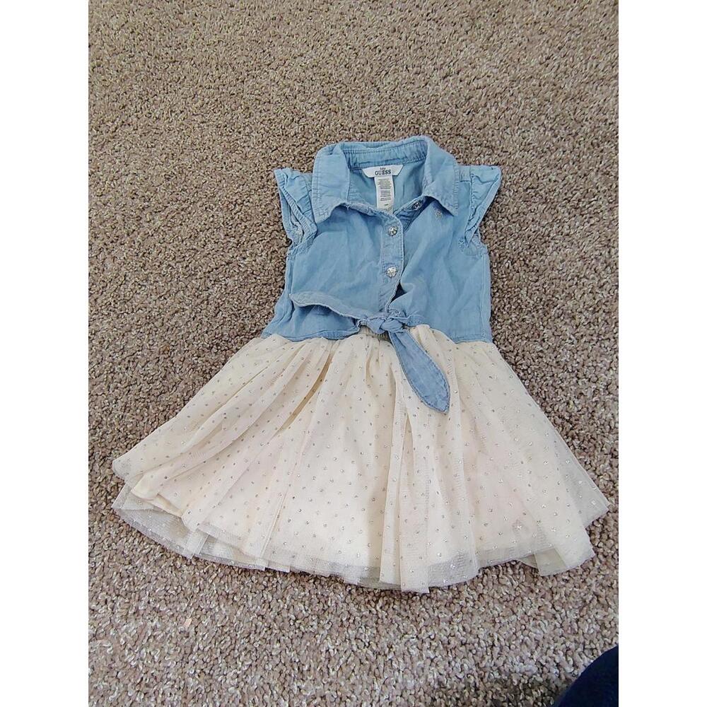 Girls Todler Guess Sress Sz 18 Mo Front Tie Denim Ivory Skirt silver polka dots